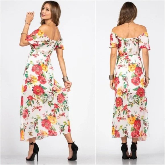💐Beautiful floral print off shoulder summer elegant pretty maxi dress - Picture 2 of 3